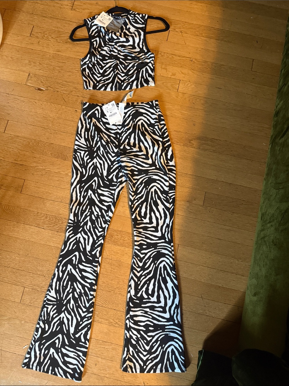 Zara Black & White Zebra Print cropped fitted top with Flared Pants by